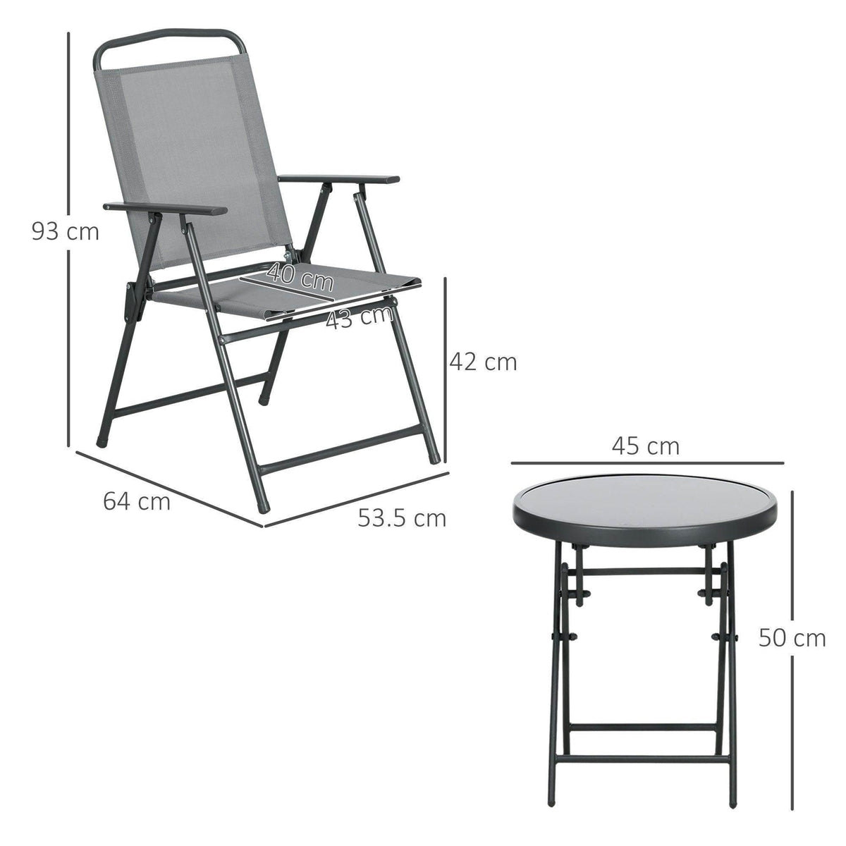 Light grey foldable armchair with attached side table; includes round coffee table dimensions