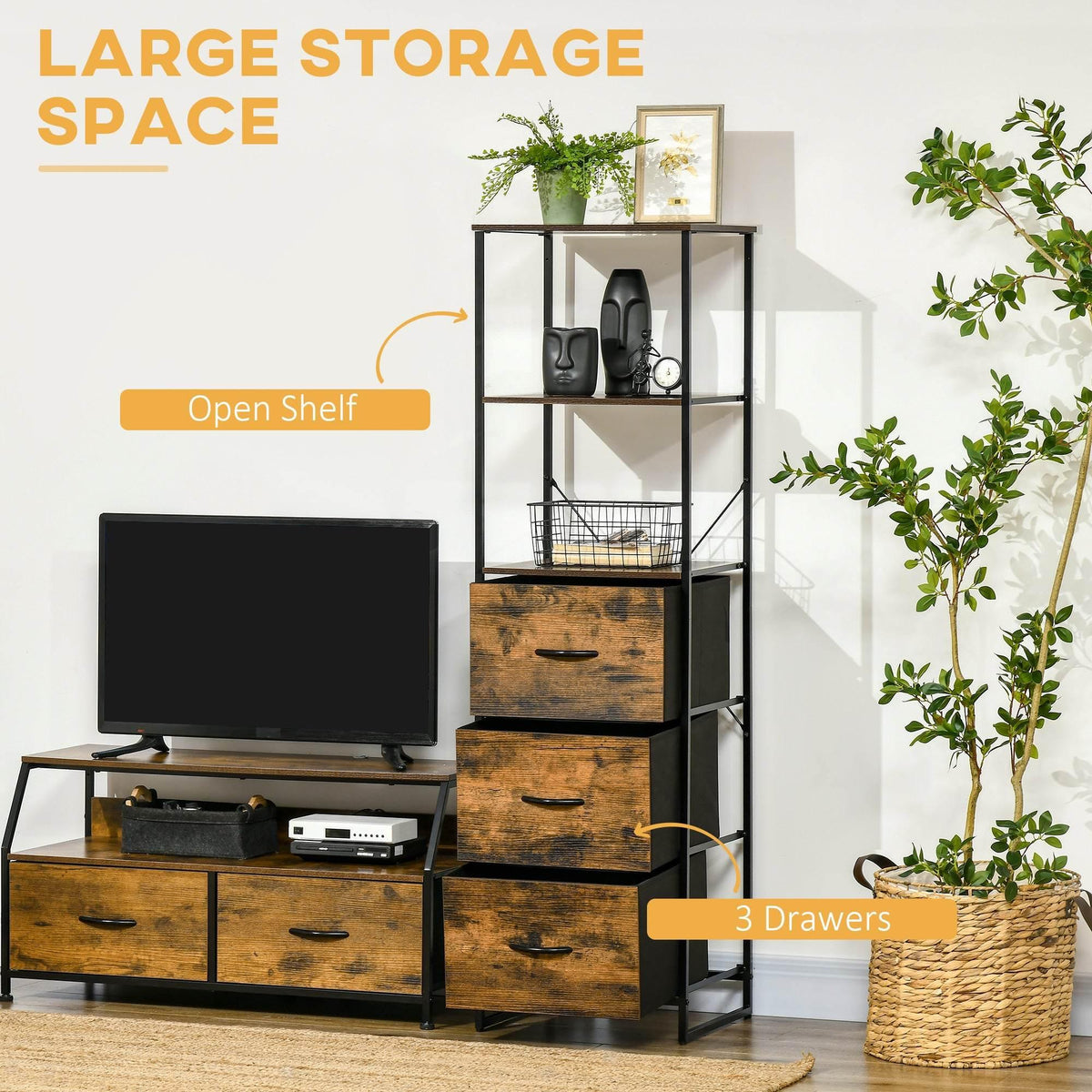 Industrial bookshelf with open display shelves and three drawer compartments, rustic brown.