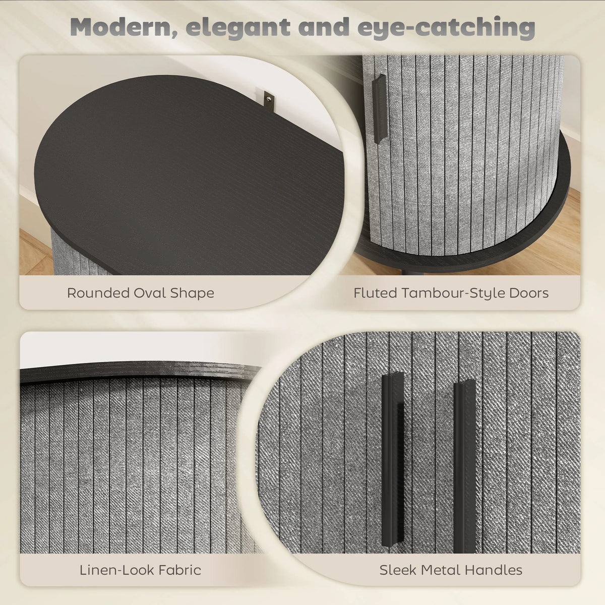 Grey linen-look fabric tambour doors with fluted texture and sleek metal handles