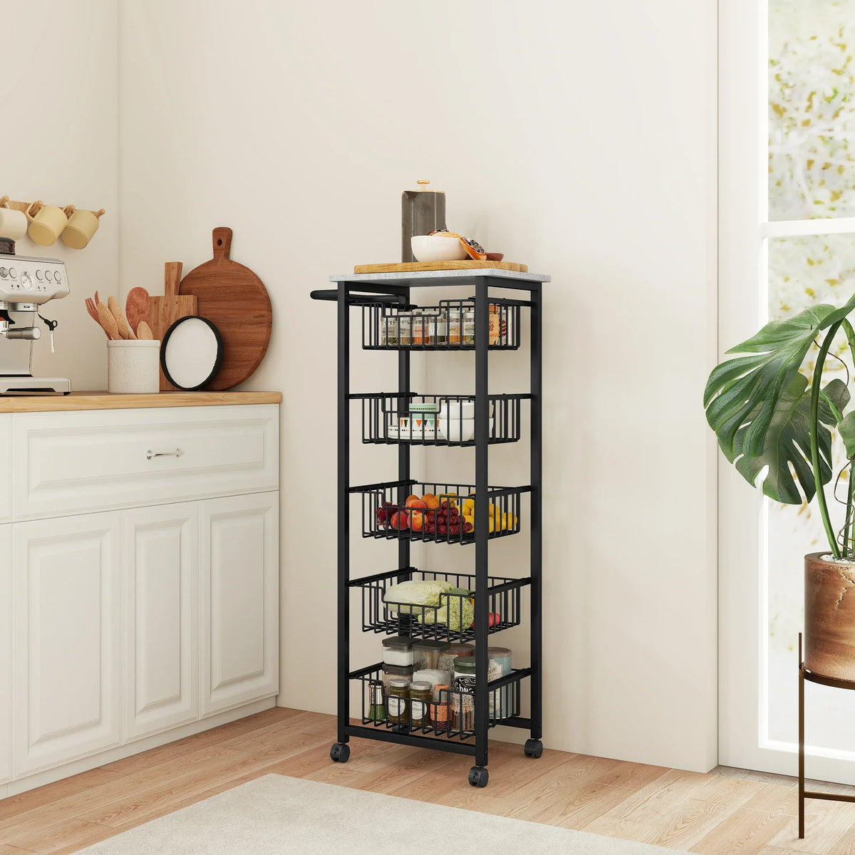 Mobile kitchen island storage rack with five baskets, gray top, black metal frame