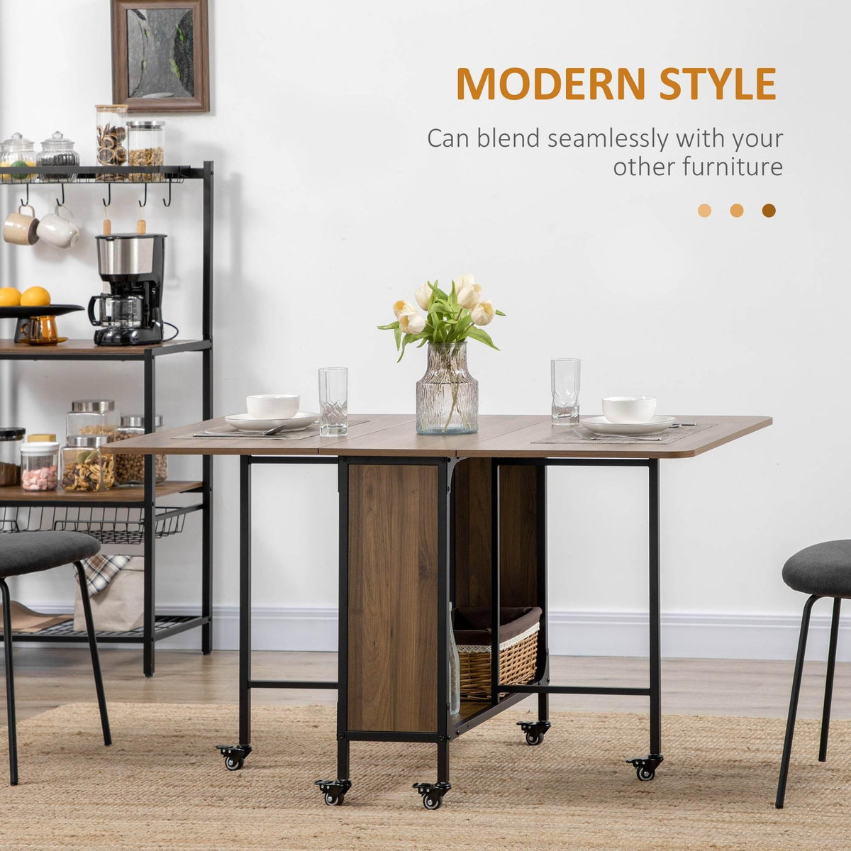 Folding dining table with storage cabinet, brown tabletop and black frame on rolling casters