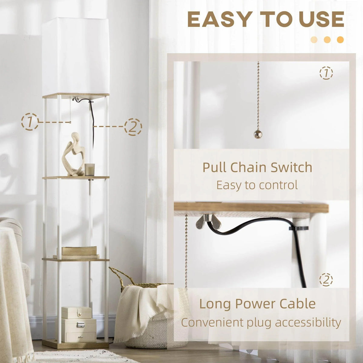 Floor lamp with pull-chain switch, long power cable, and display shelves