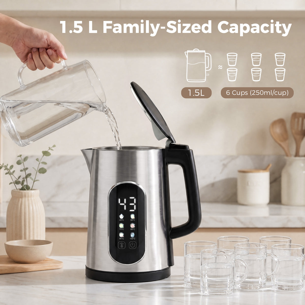 HOMCOM 1.5L 3000W Electric Kettle Fast Boil Led Control Strix Thermostat