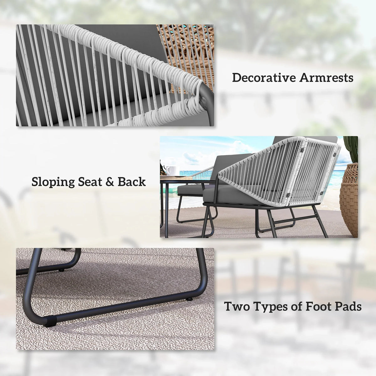 Grey rattan outdoor chair with curved armrests and sloping seat and back