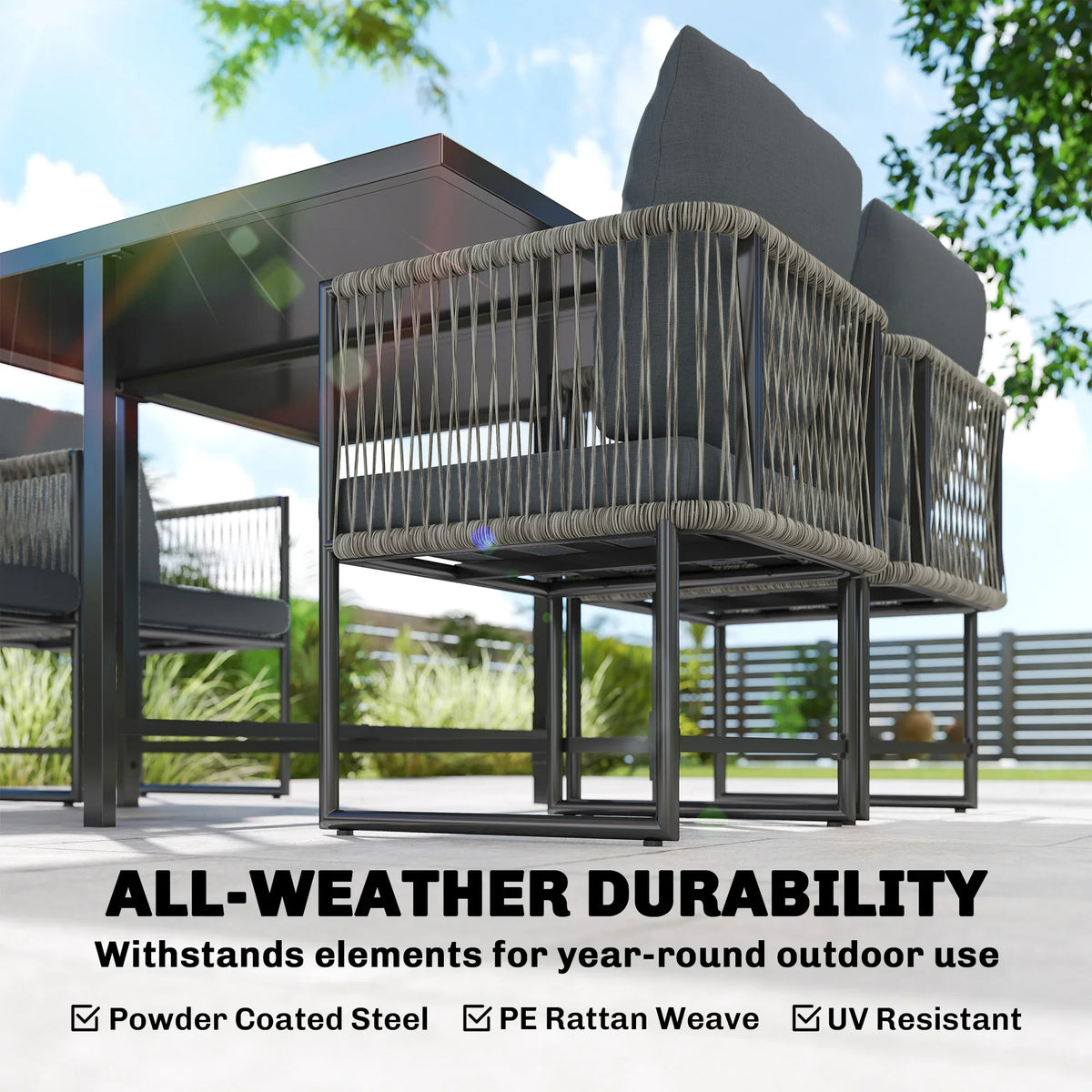 Outdoor dining chair with black rattan-style frame and thick dark gray back cushion