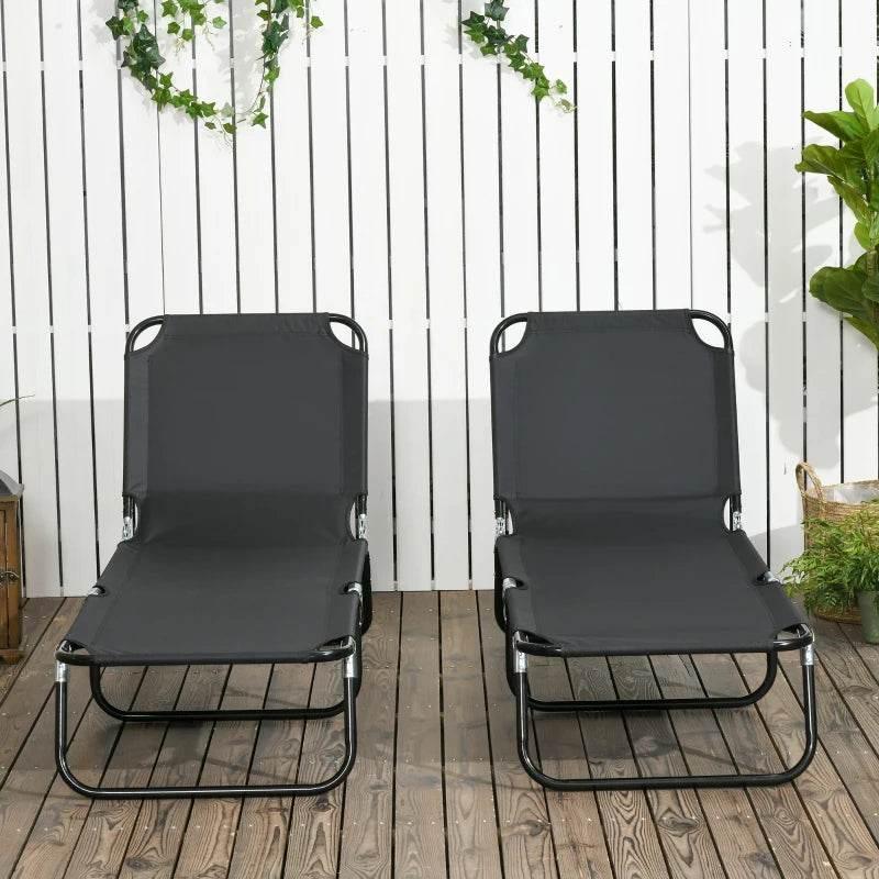 Outsunny Set of 2 Metal Frame Folding Sun Loungers - Black | Portable Outdoor Reclining Chairs - ALL4U RETAILER LTD