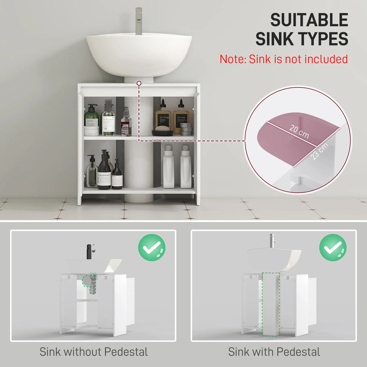 Under-sink base cabinet with two open doors, central shelf, and bottles under sink