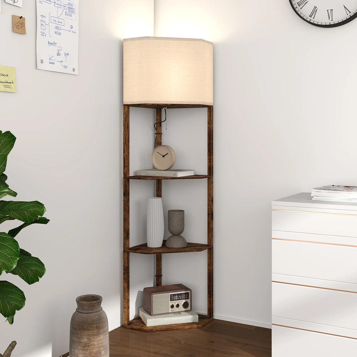 Narrow floor lamp with shelves, dark wood-look frame and beige fabric shade