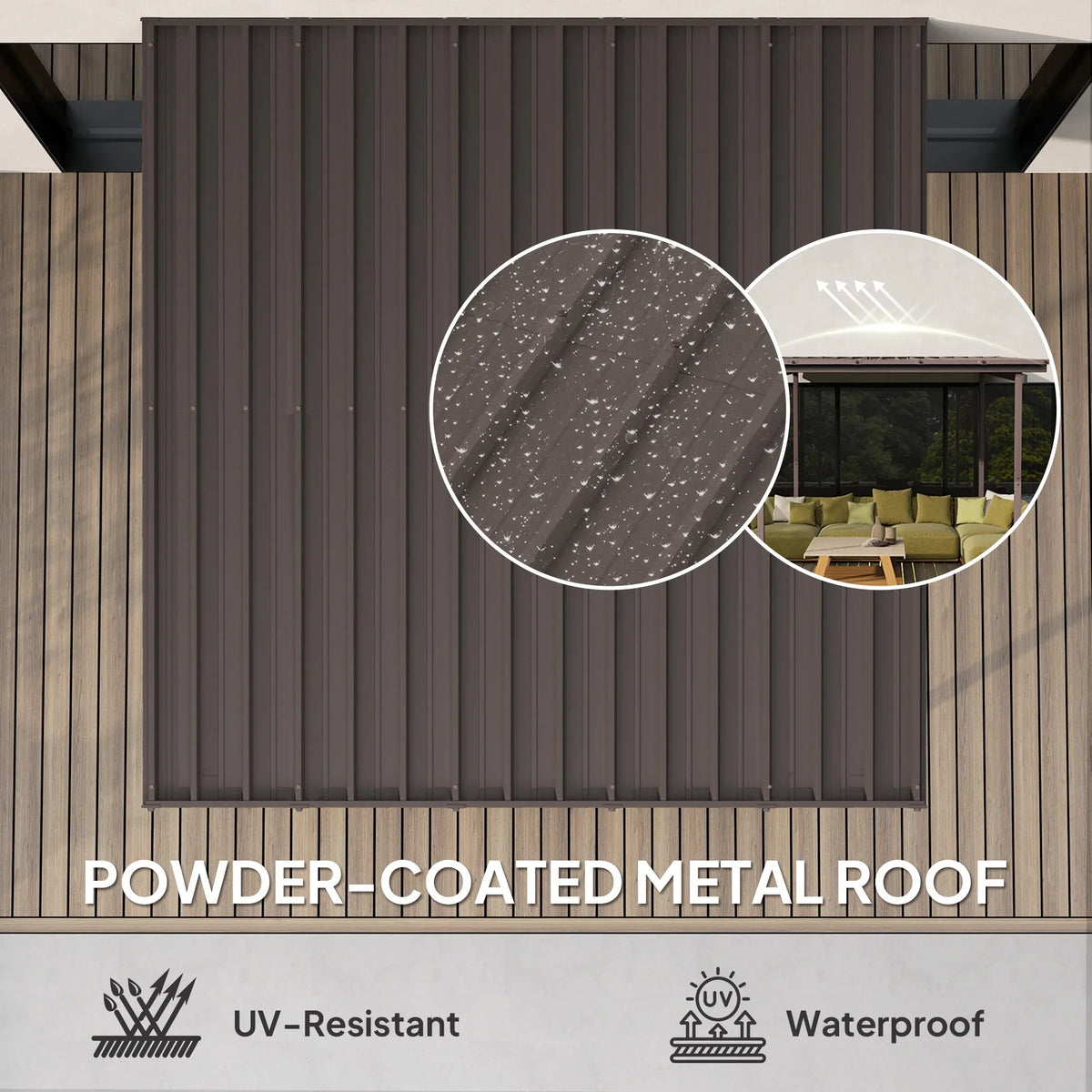 Brown powder-coated metal roof panels with textured surface close-up