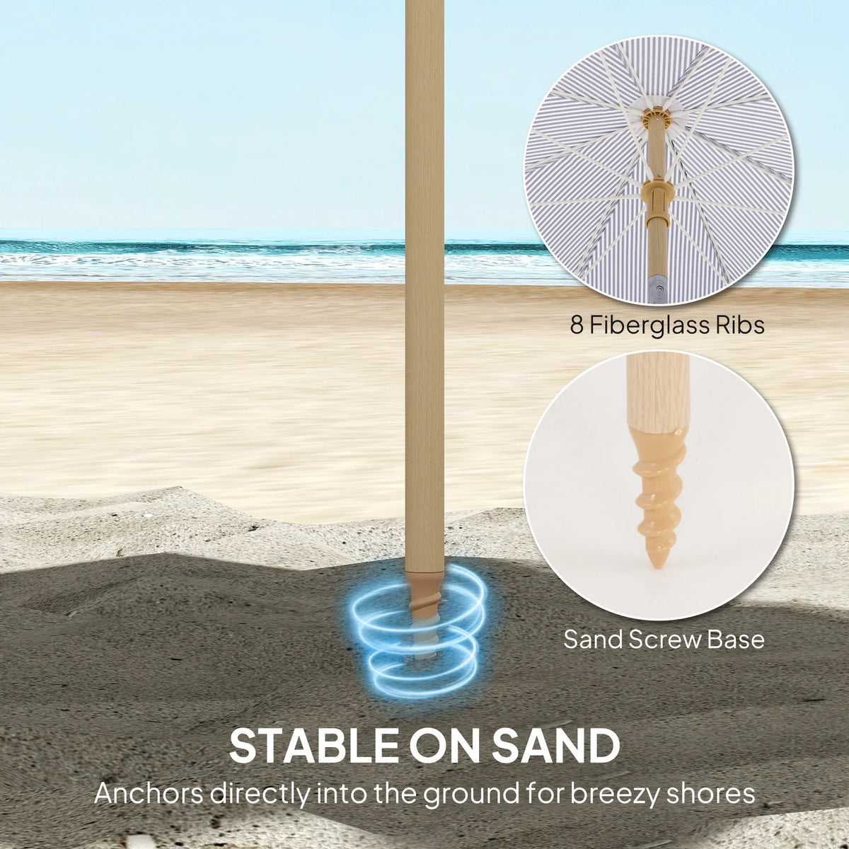 Striped beach umbrella with fringed canopy and sand-screw anchor base