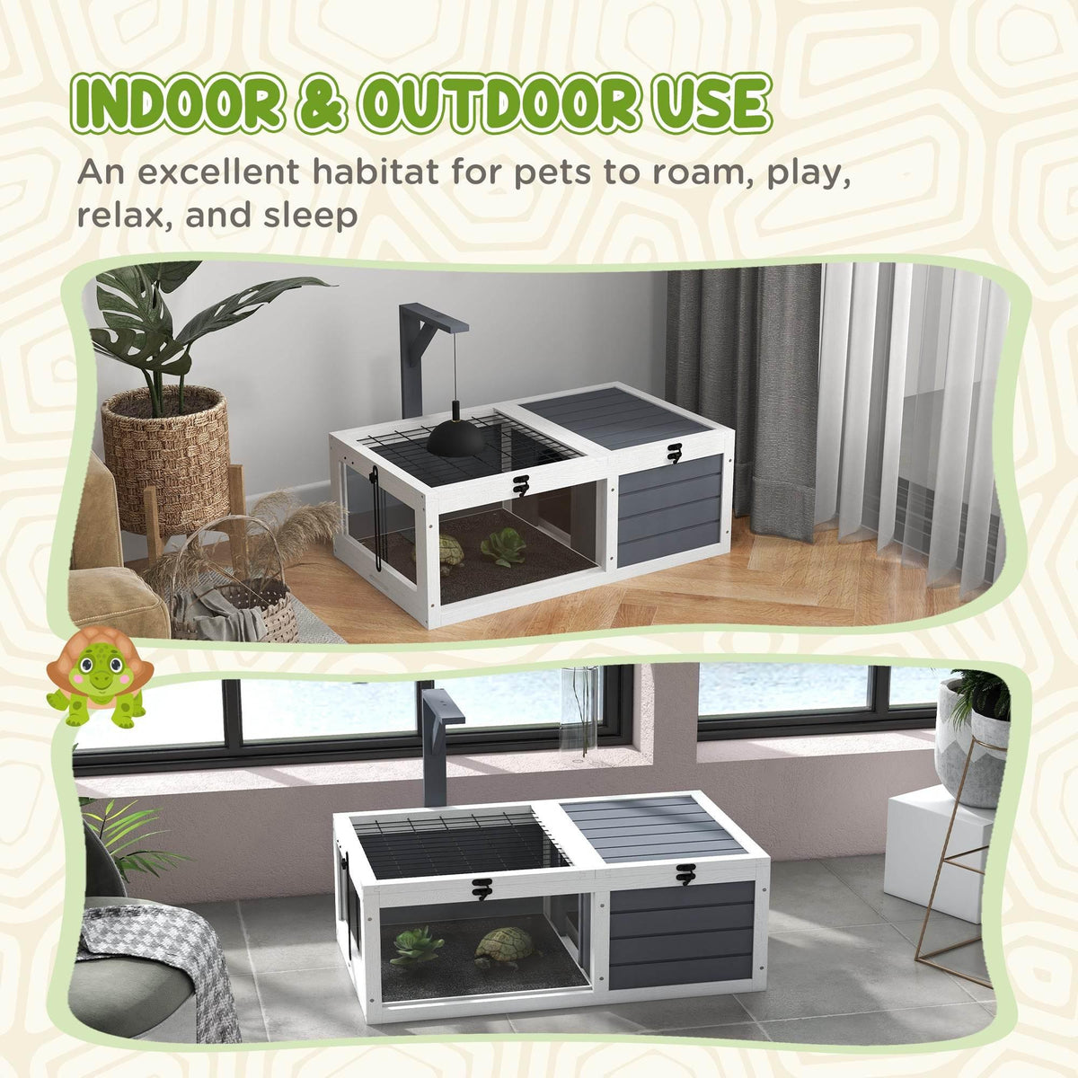 White and gray wooden tortoise habitat shown on an indoor floor with two viewing areas