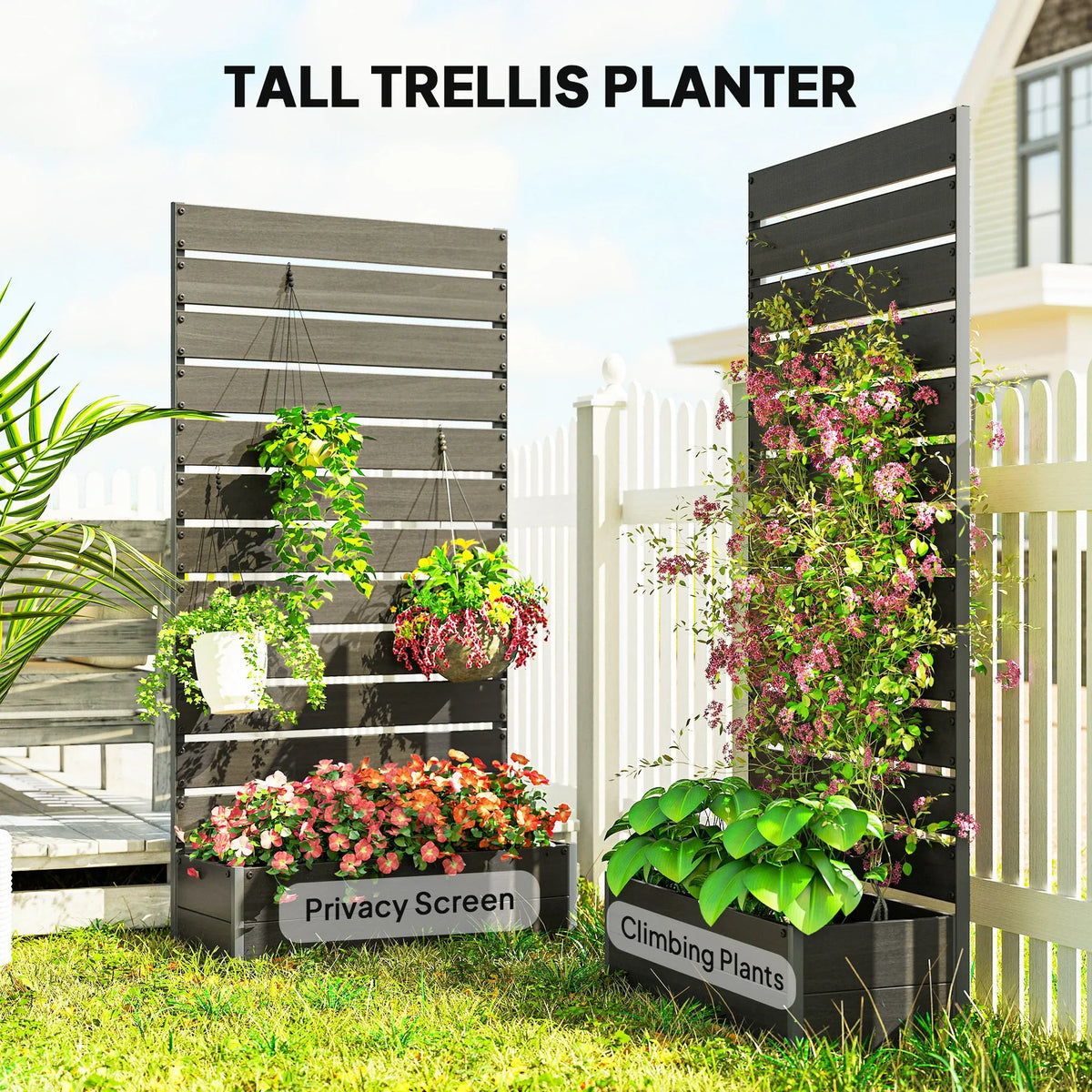 Tall trellis planter with privacy screen and labeled climbing plants planter boxes.
