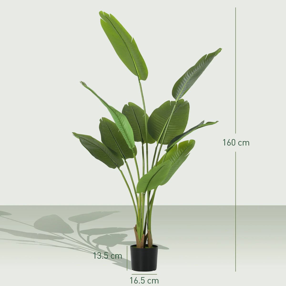 Tall artificial bird of paradise plant, green leaves in black pot; 160 cm height