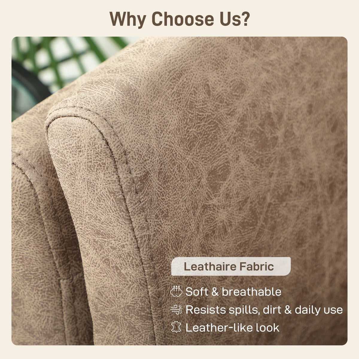Light brown leather-look fabric upholstery close-up on the sofa backrest