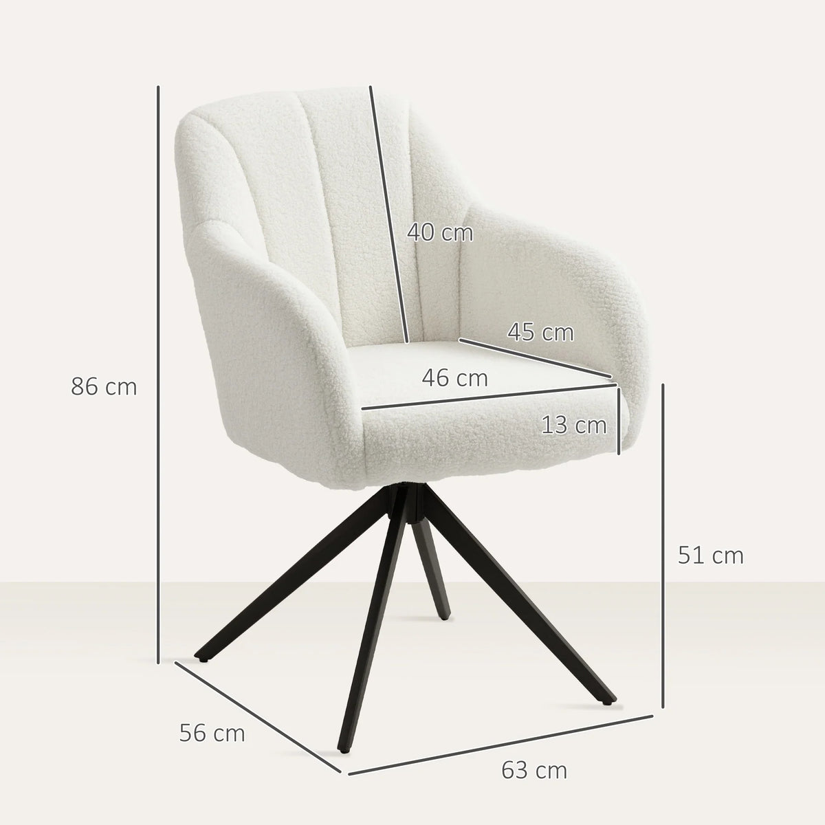 White teddy fleece swivel armchair on black steel legs, side view size diagram