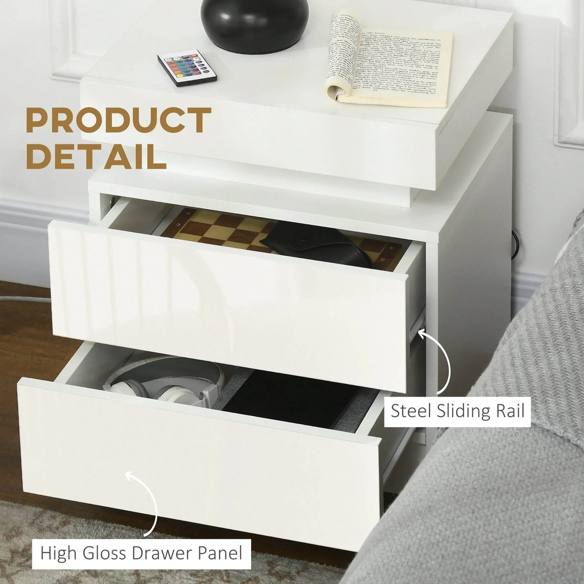 White nightstand close-up: high-gloss drawer fronts and steel sliding rail for smooth access