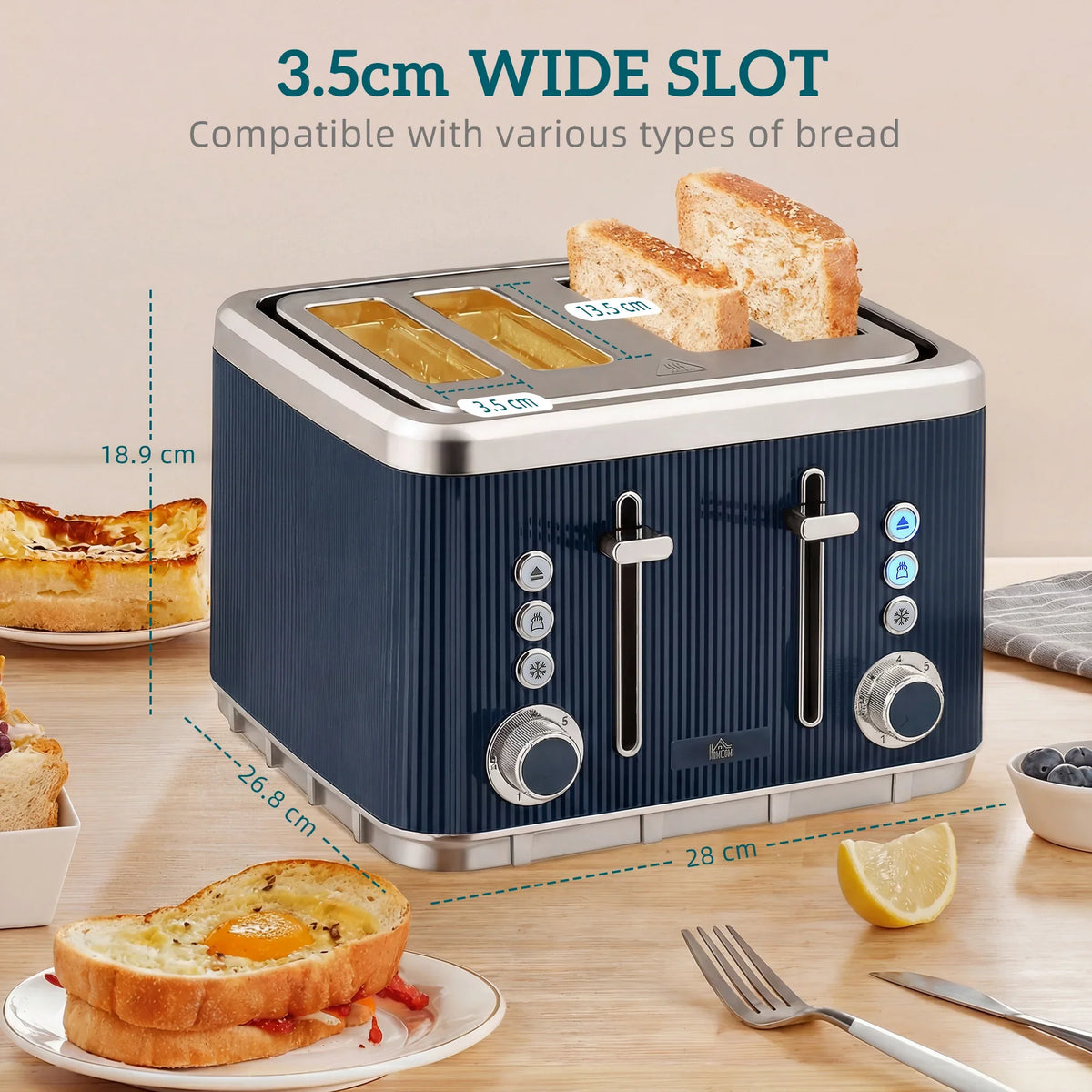 Dark blue 4-slice toaster with stainless steel top and bread slices in slots