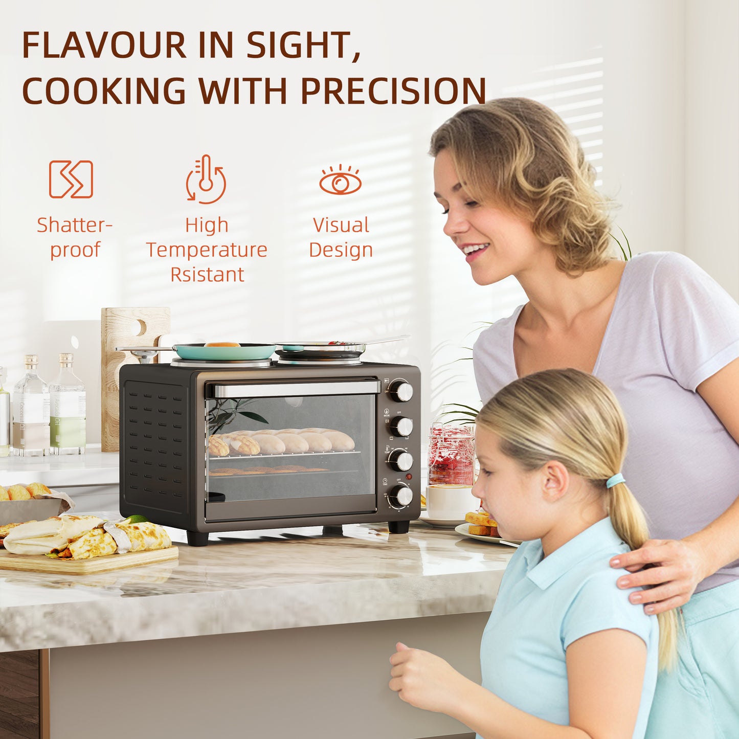 HOMCOM 28L Mini Oven With Dual Hot Plates 2600W Countertop Toaster Oven Grill Bake Roast Boil