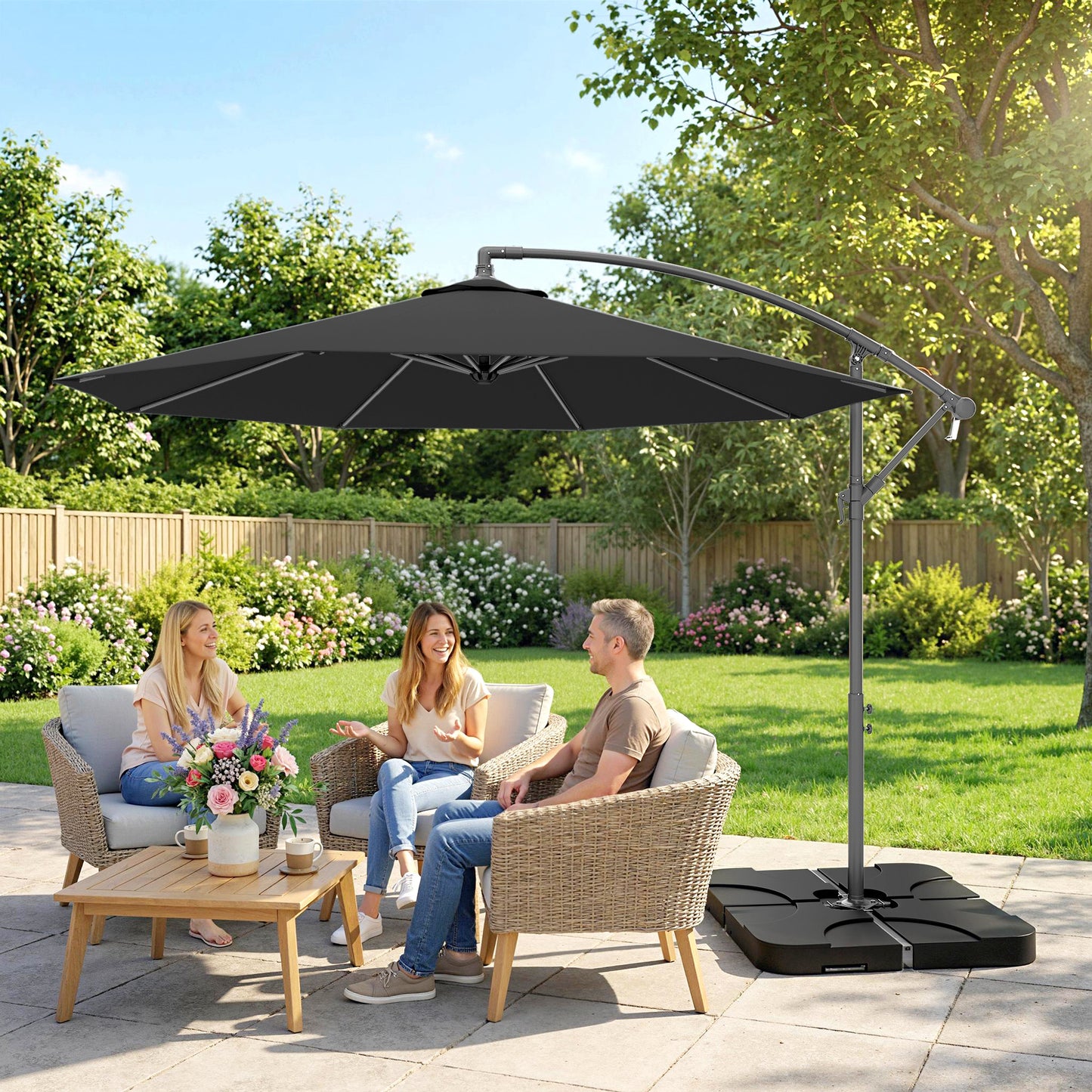 Outsunny 3m Overhanging Cantilever Parasol With Base, Weights and Cover for Outdoors Black