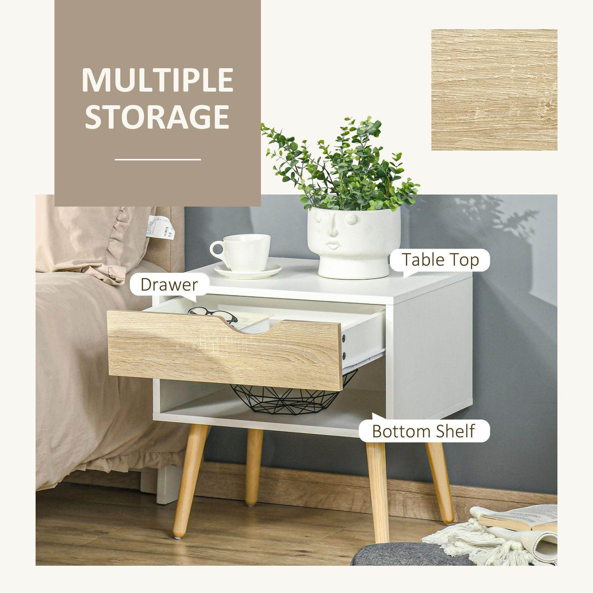 Nightstand showing drawer, table top, and bottom shelf in light wood and white