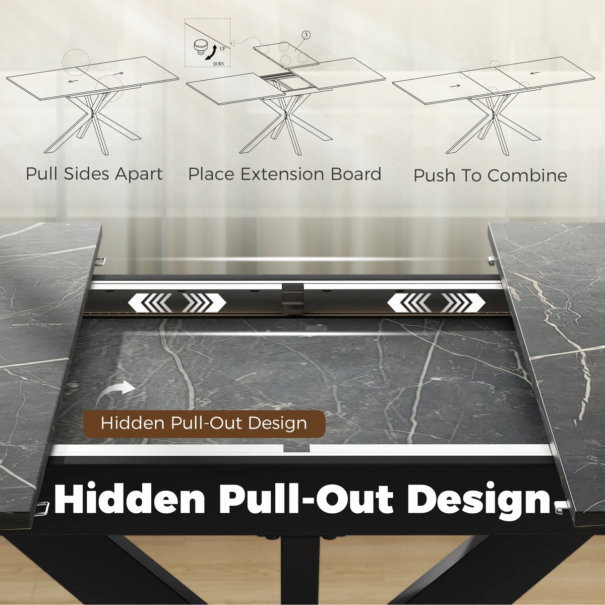 Extendable dining table with hidden pull-out design and extension rails