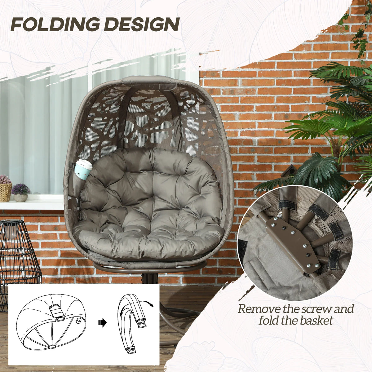 Sand brown foldable egg chair with gray cushions and circular base, fold design