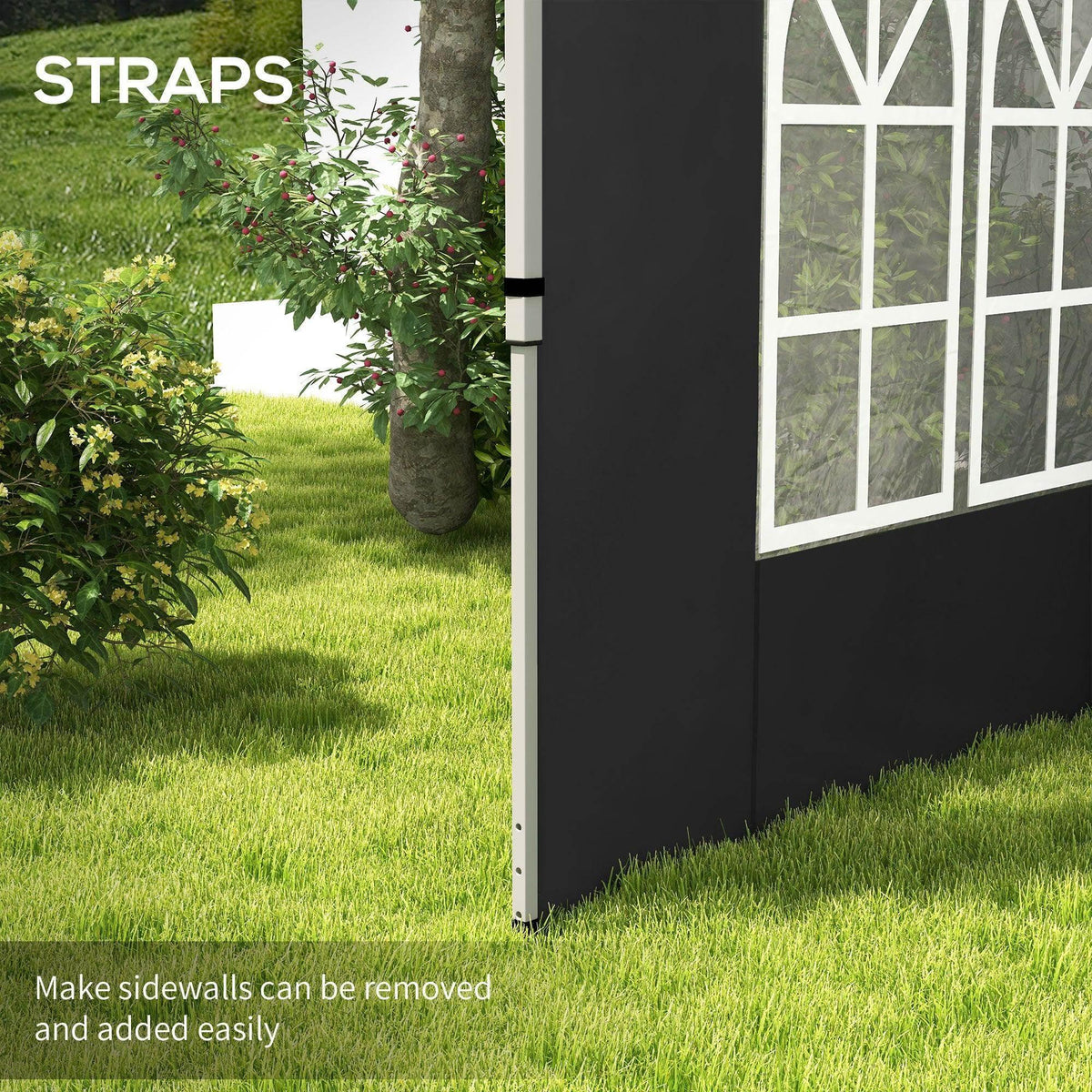 Black gazebo side panel with window, corner edge and strap attachment shown