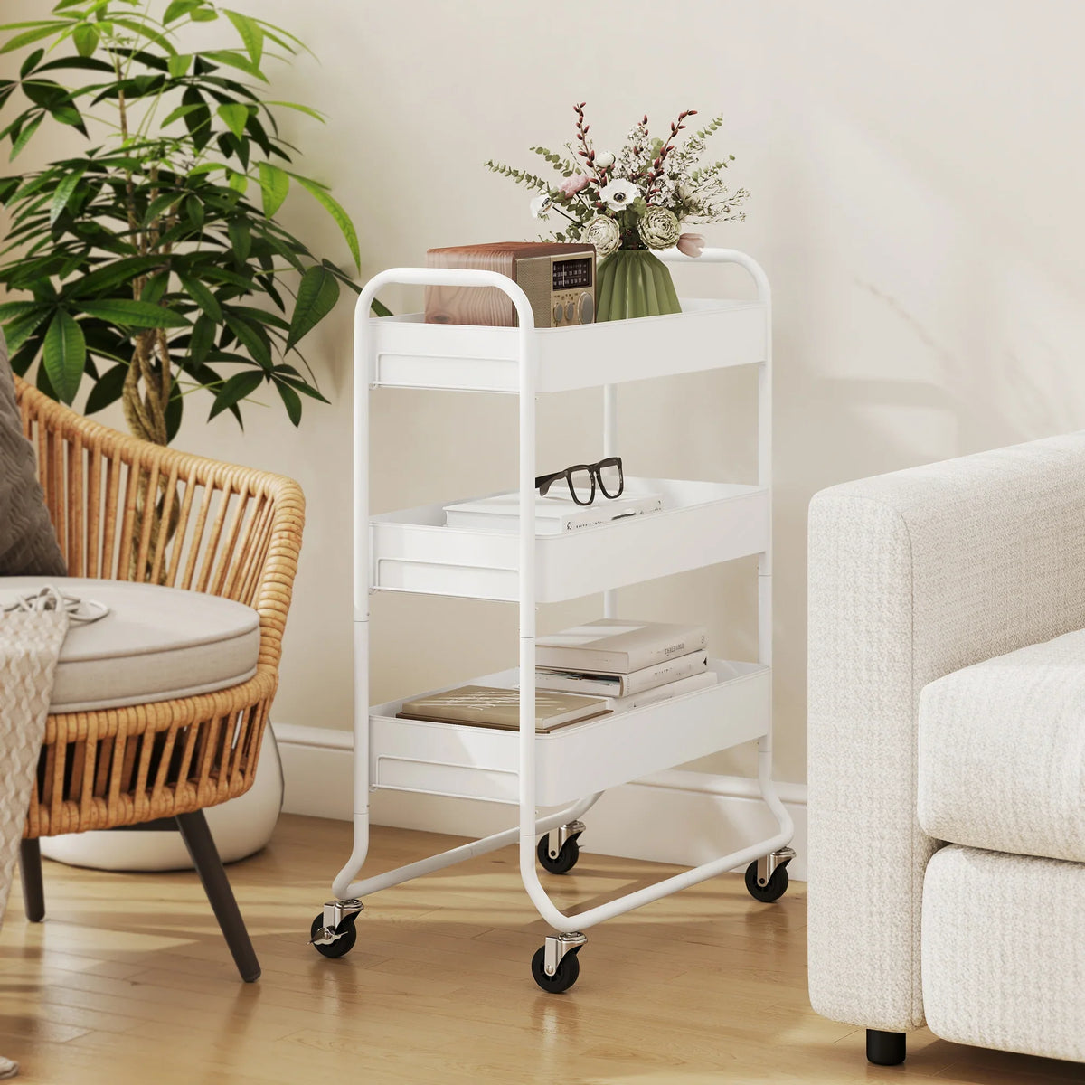 White 3-tier rolling storage trolley with mesh shelves, front open baskets, caster wheels
