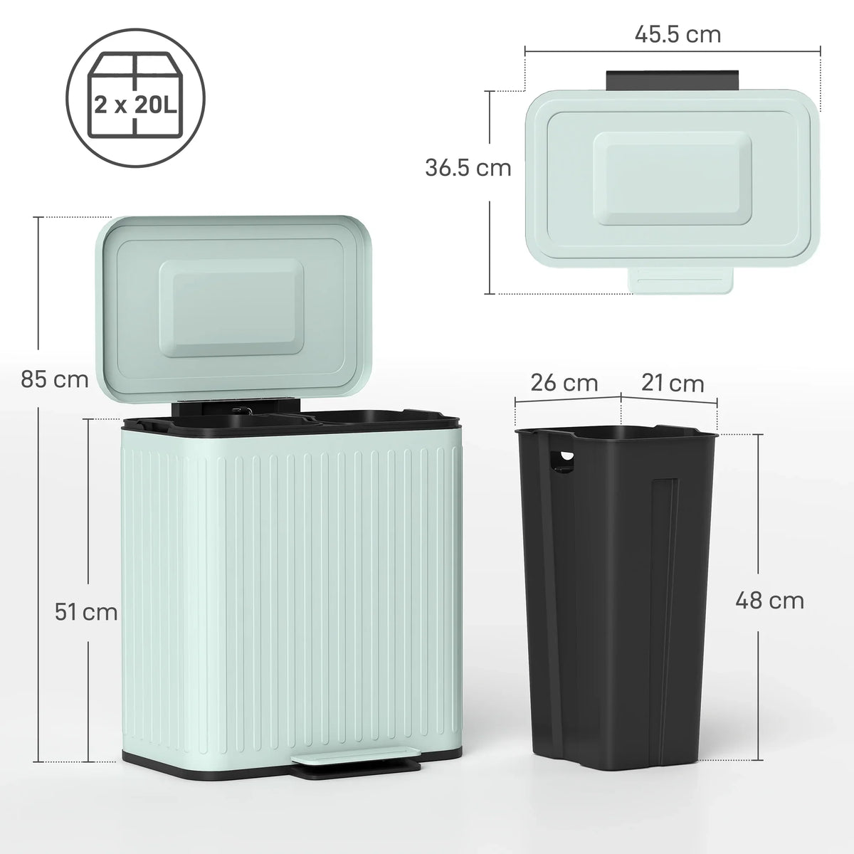 Mint green dual-compartment trash bin with foot pedal; lid open and closed views.