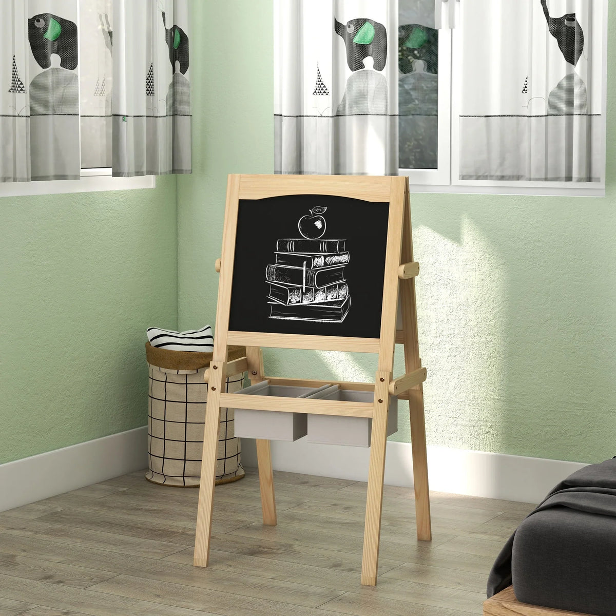 Kids wooden 3-in-1 art easel with chalkboard and side storage basket