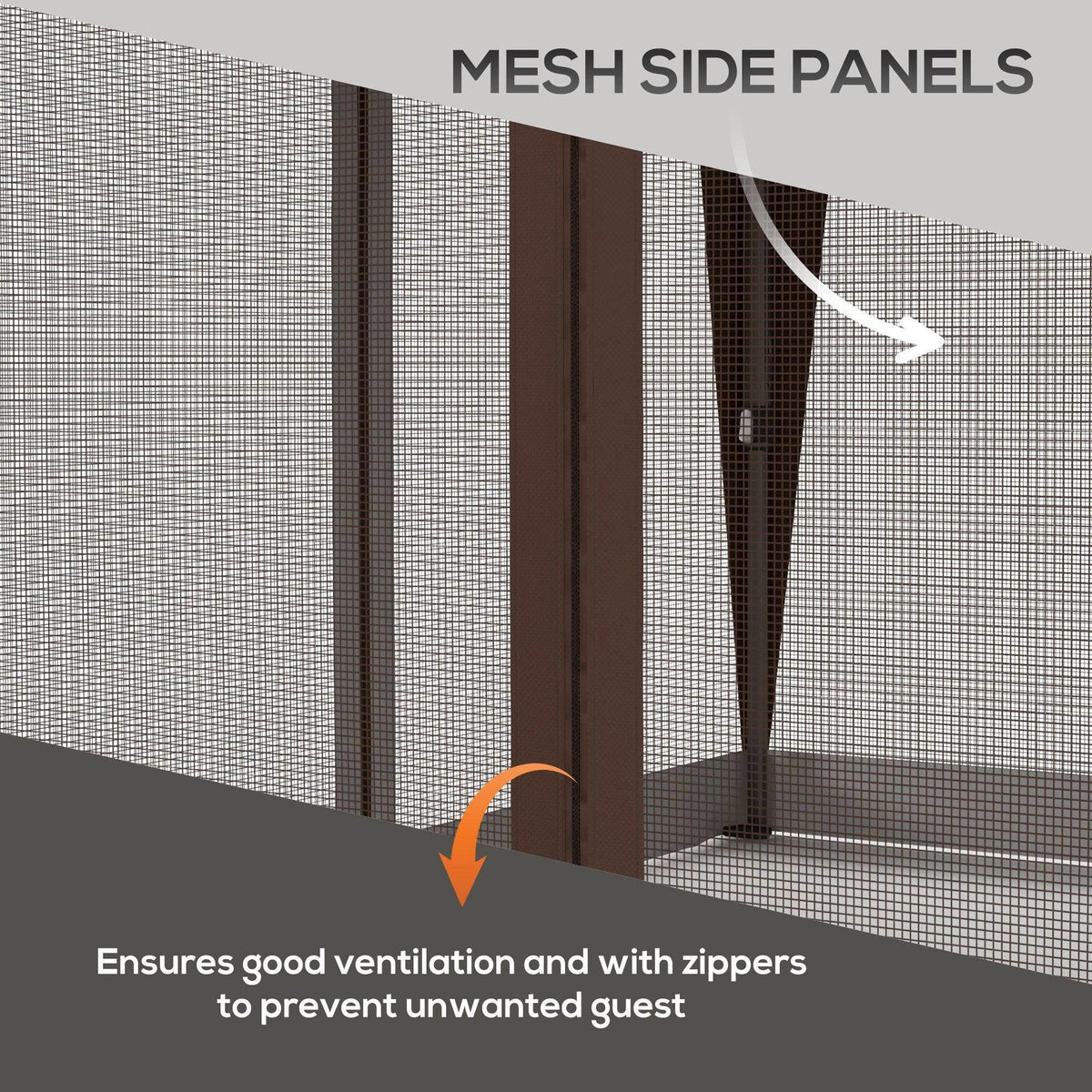 Zippered mesh side panels for a khaki pop-up gazebo with mosquito netting