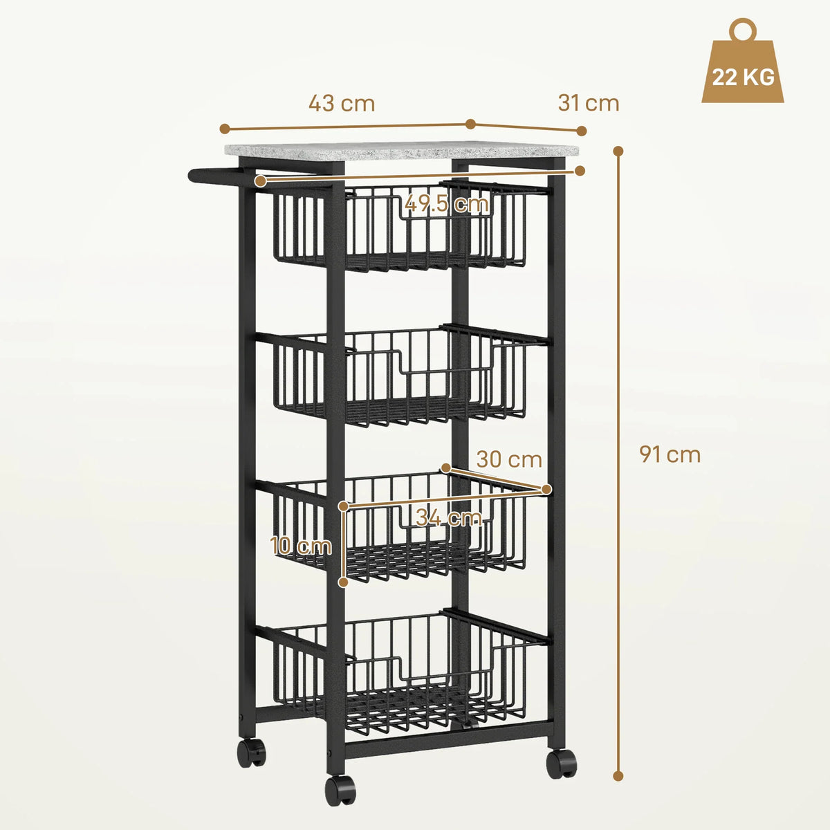 Grey and black mobile kitchen island cart with four pull-out baskets, size diagram view.