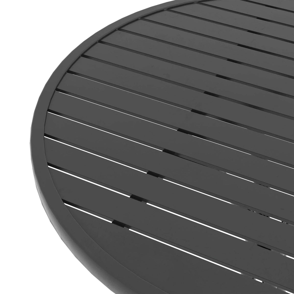 Black slatted tabletop for round patio side table with smooth edging