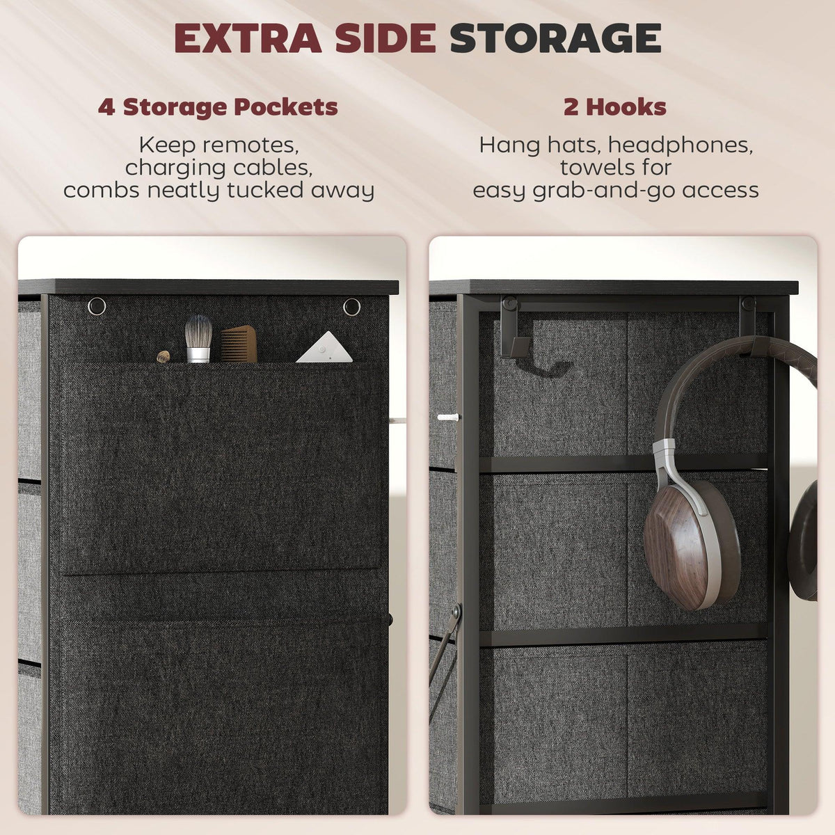 Charcoal grey fabric chest with side storage pockets and open bins for accessories