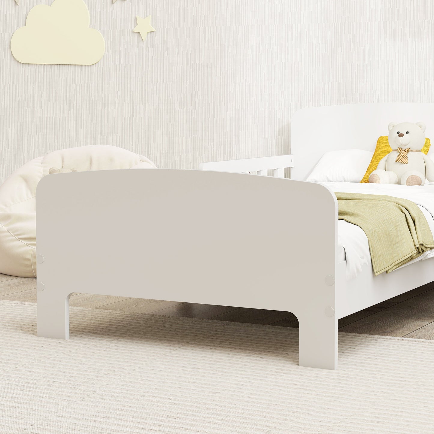 AIYAPLAY Toddler Bed for Kids with Safety Rails White Finish Low Profile Bed Frame Ages 3 to 8