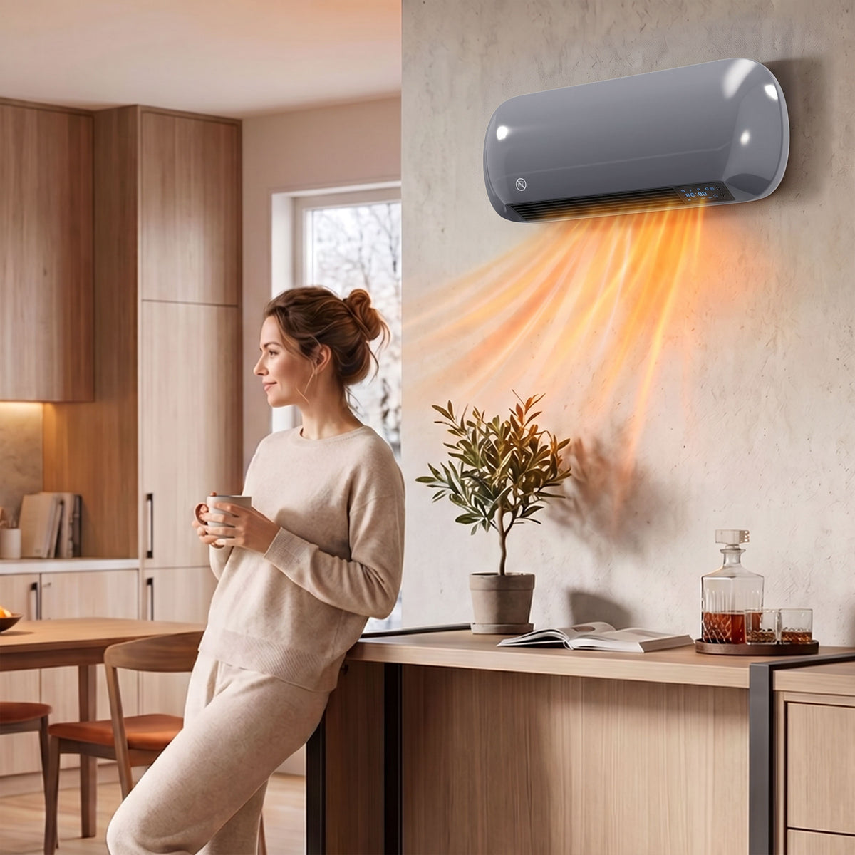 Dark gray wall-mounted ceramic heater warming kitchen wall with visible heat glow