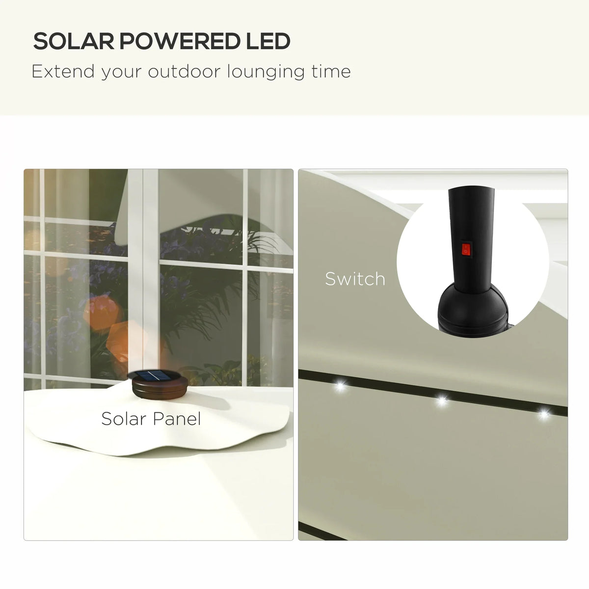 Solar LED patio umbrella solar panel and switch on the base