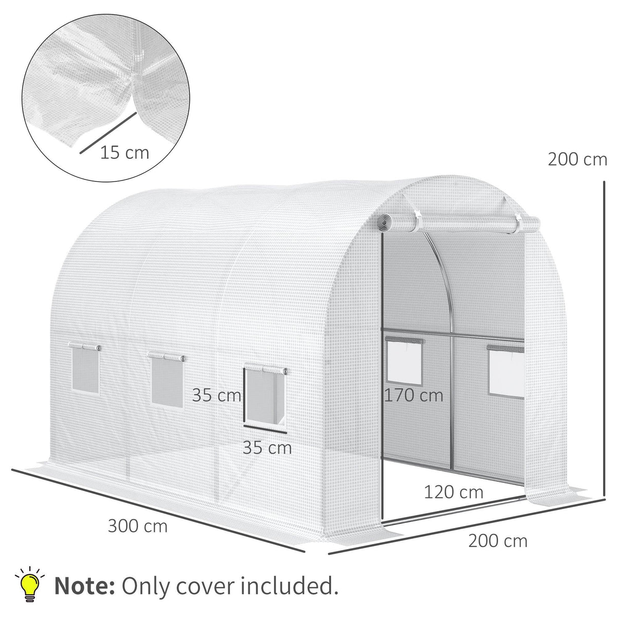 White PE walk-in greenhouse cover with arched roof, roll-up door, and multiple window cutouts