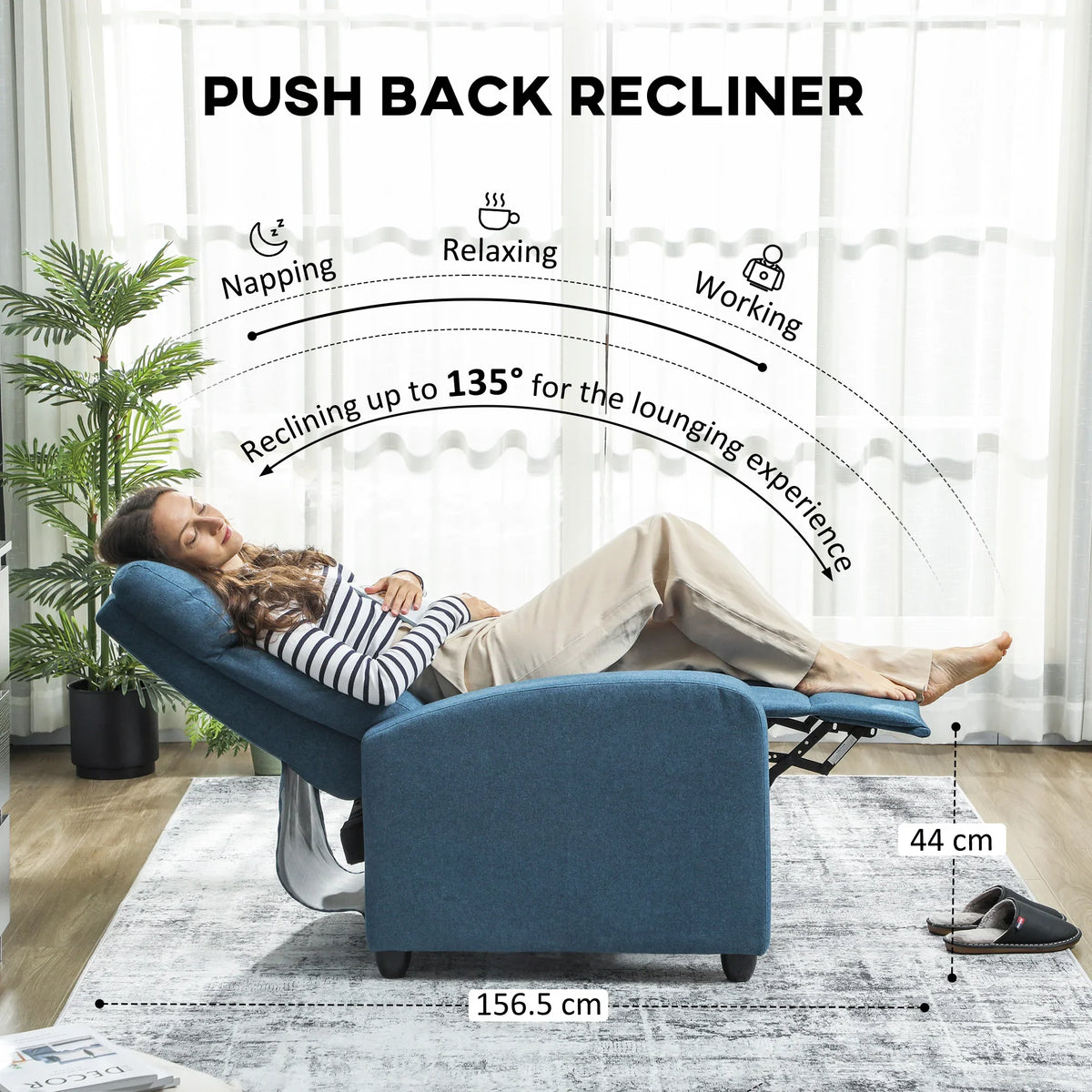 Blue push-back recliner armchair with footrest extended for lounging