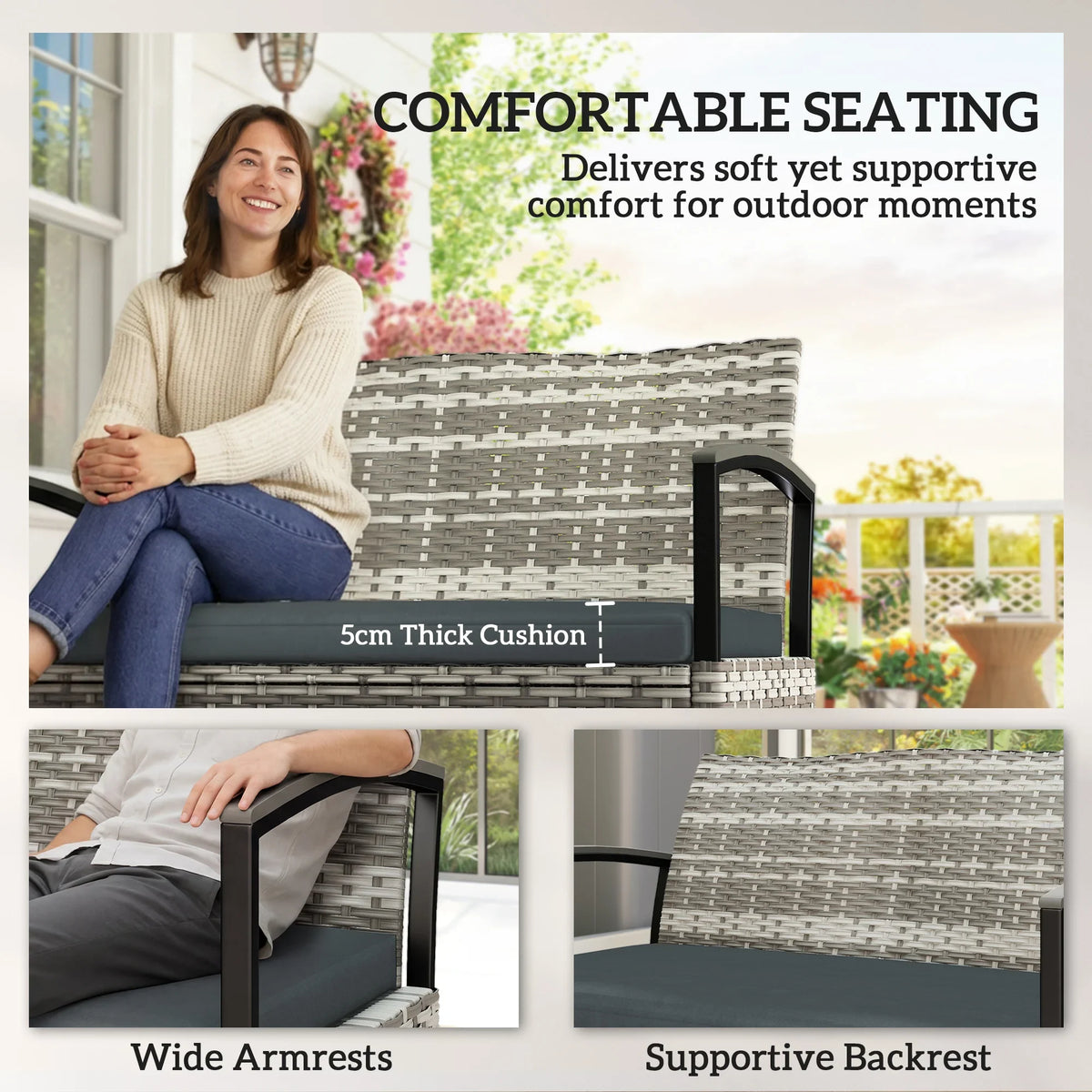 Dark grey rattan storage bench with thick padded cushion, curved armrests, and backrest.