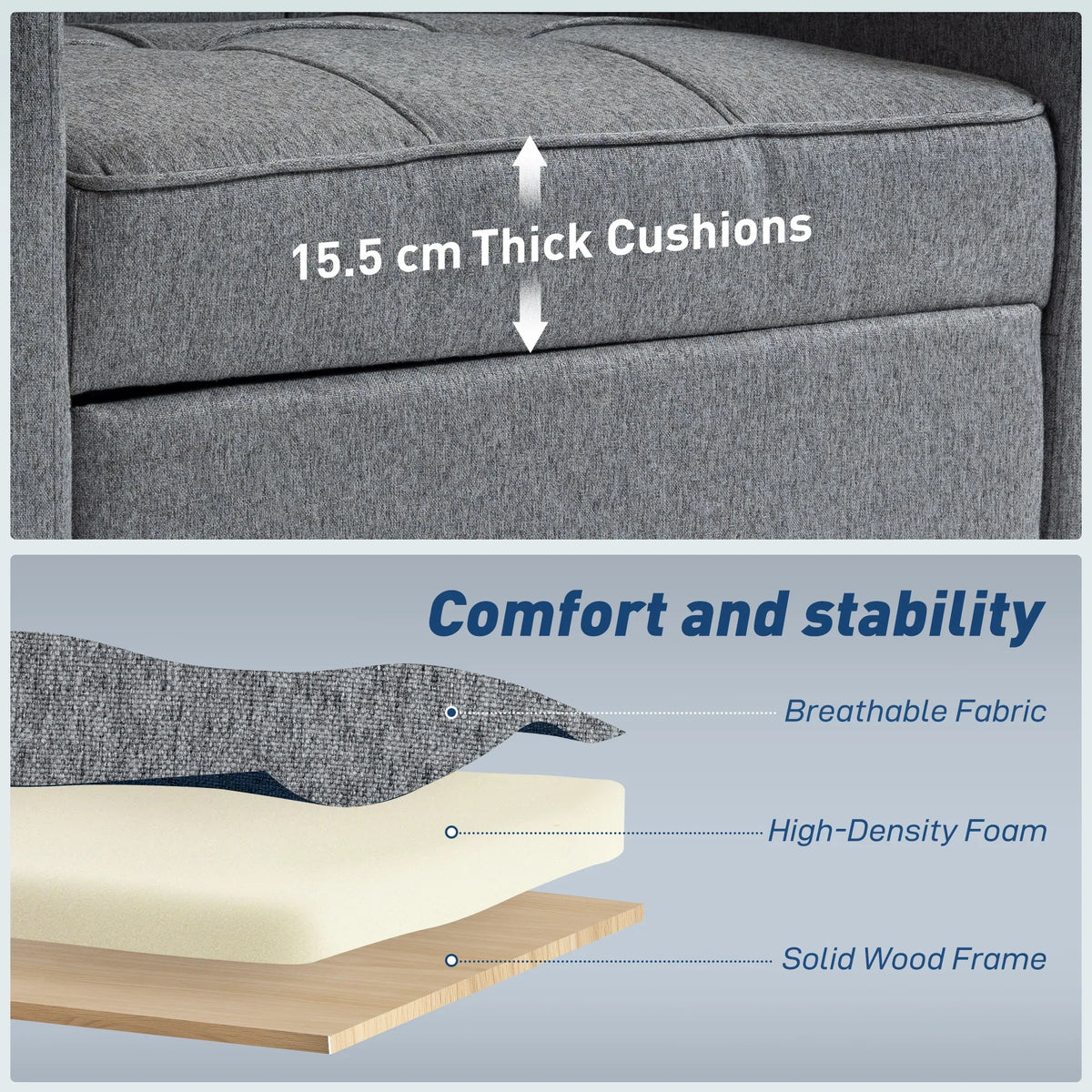 Close-up of dark grey sofa bed cushion padding with thick seat sections