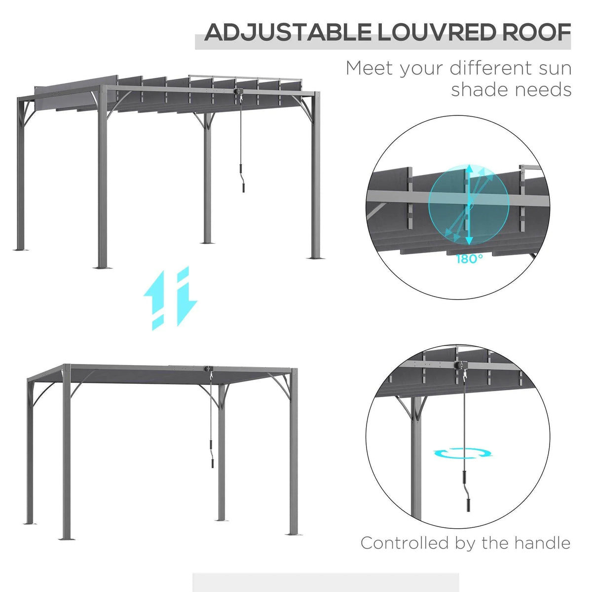Adjustable louvered roof pergola diagram showing handle-controlled slats and pull cord