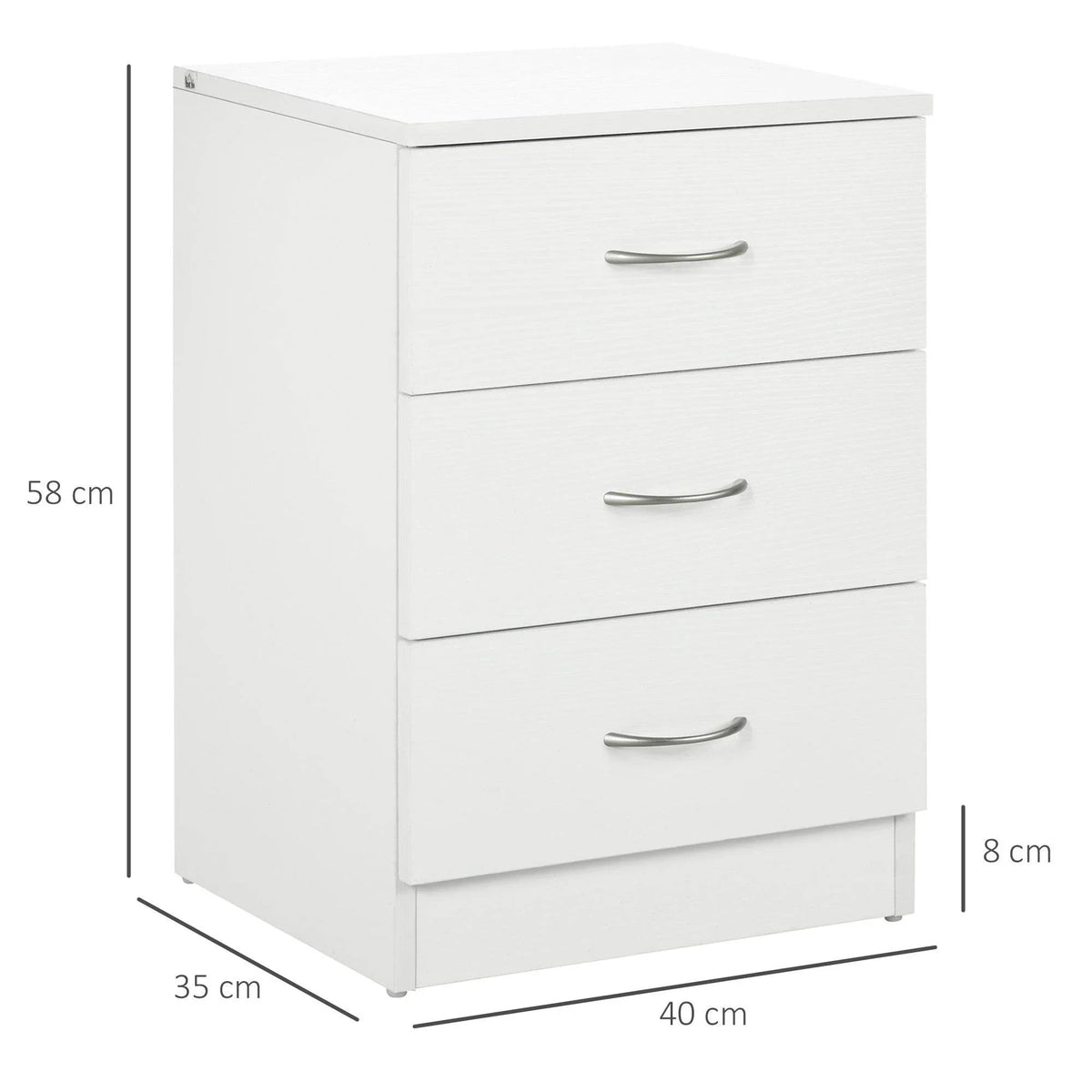 White three-drawer nightstand, side view with curved bar drawer pulls