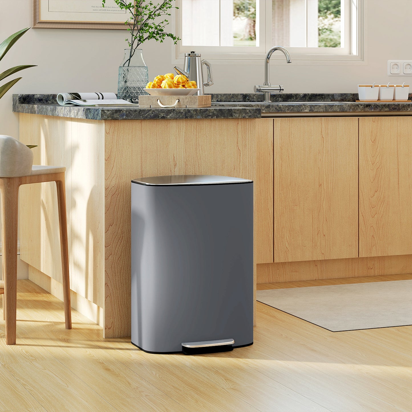 HOMCOM 50L Stainless Steel Kitchen Bin With Soft Close Lid Stay Open Function Pedal Bin Removable Inner Bucket Grey