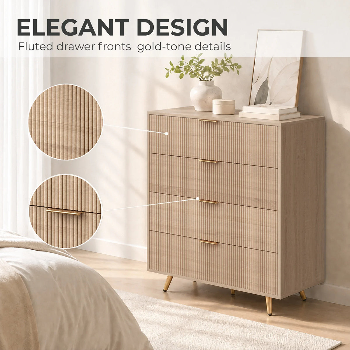 Fluted front 4-drawer dresser in light wood with gold-tone bar handles.