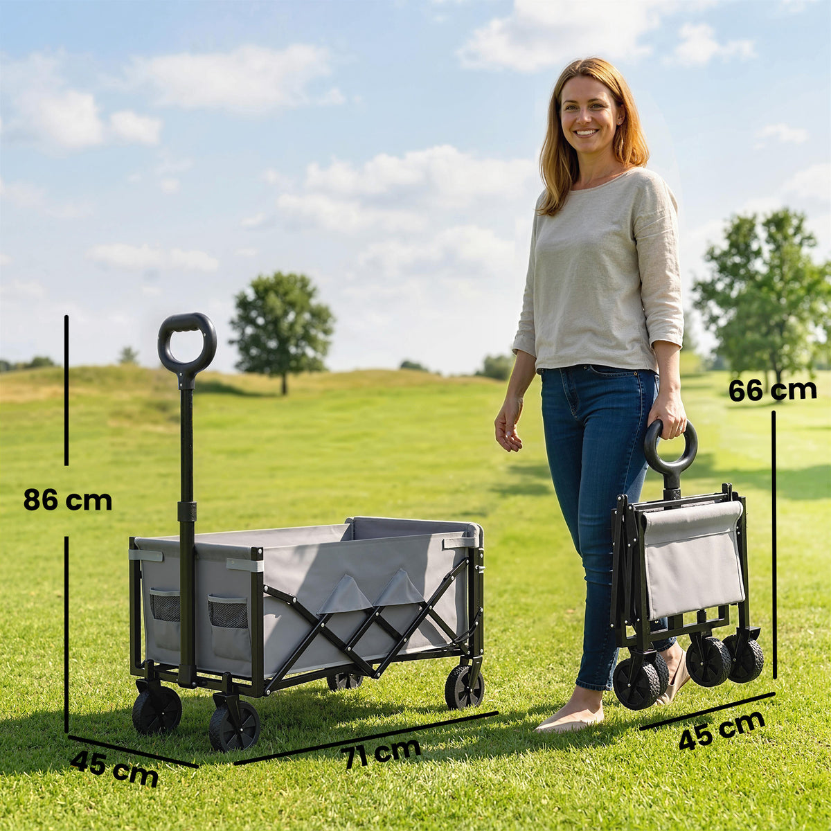 Grey collapsible wagon cart with fabric side panels, drop-down front, four wheels