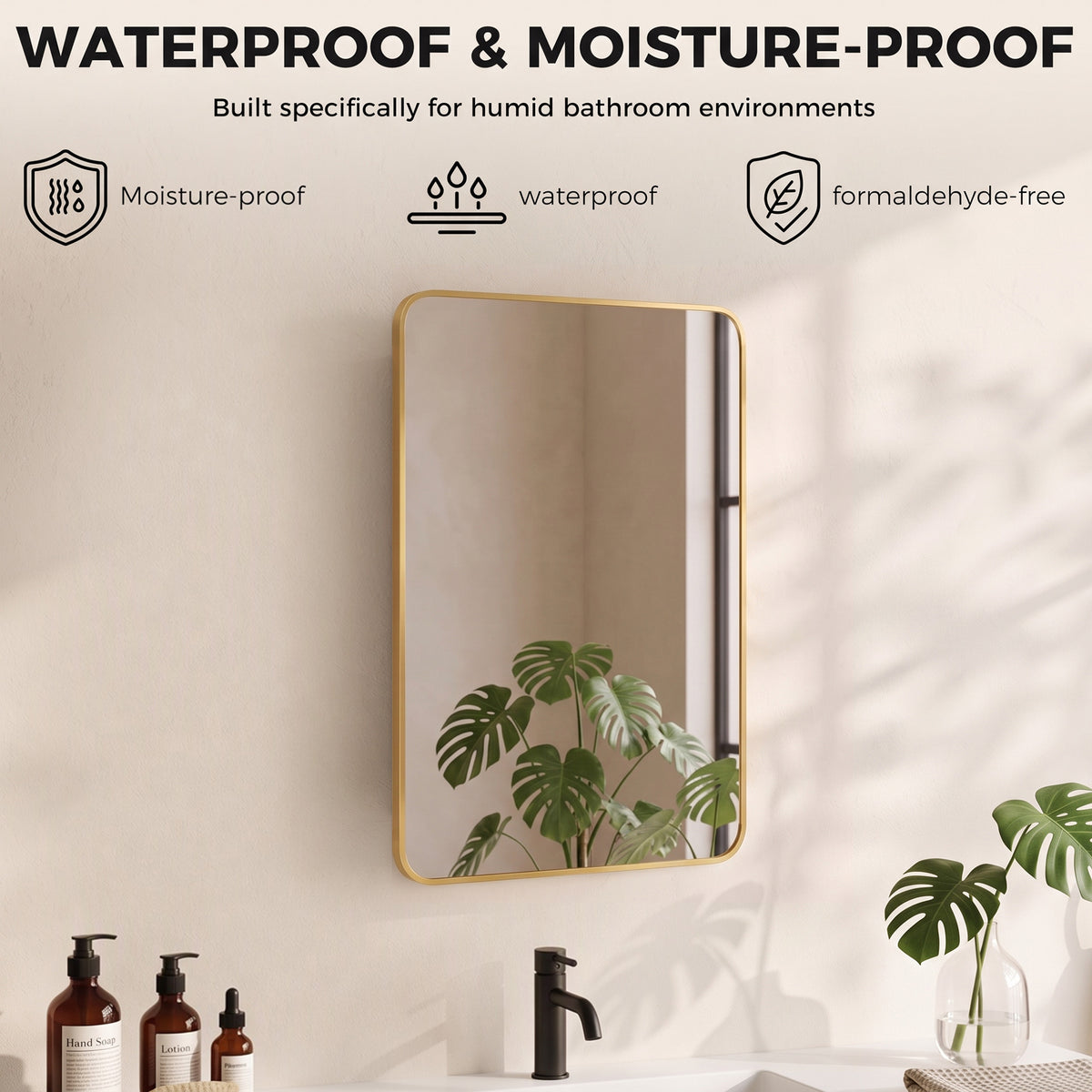 Gold-framed bathroom mirror cabinet with reflective glass for humid, moisture-prone spaces.
