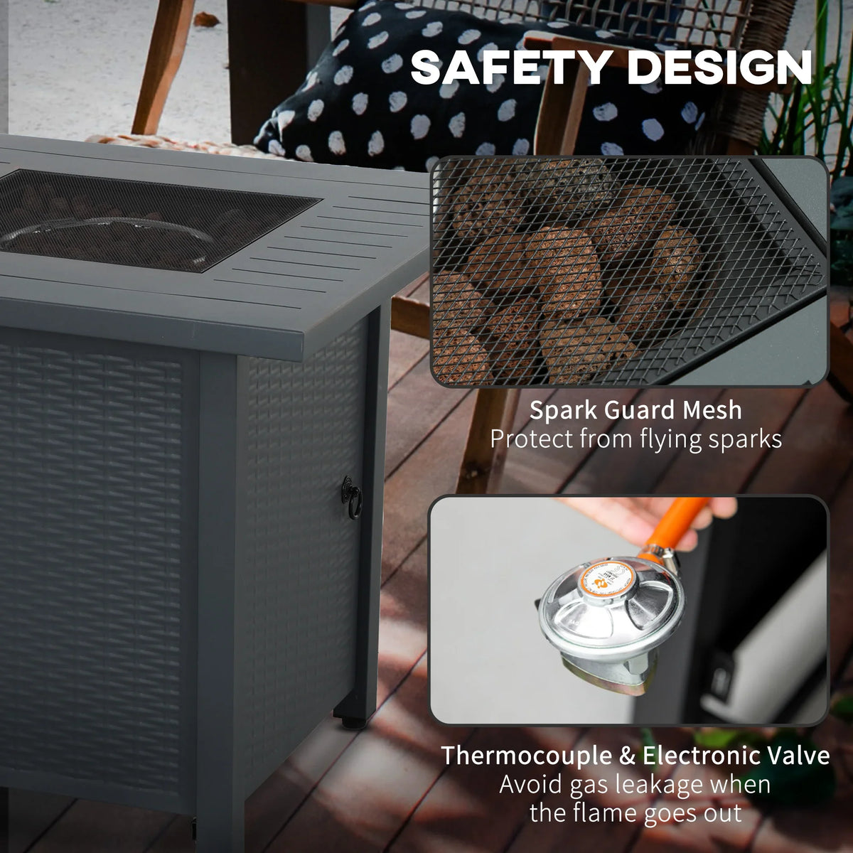 Gas fire pit table with spark guard mesh and thermocouple valve area