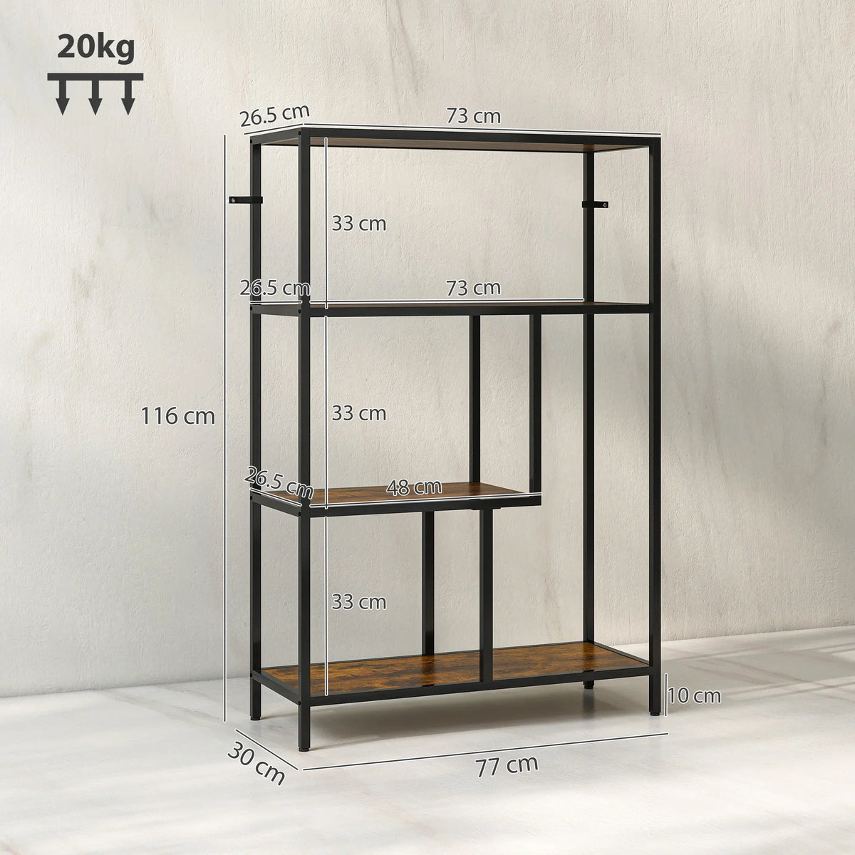 4-tier storage shelf with black metal frame and wood-look open shelves for organized storage.