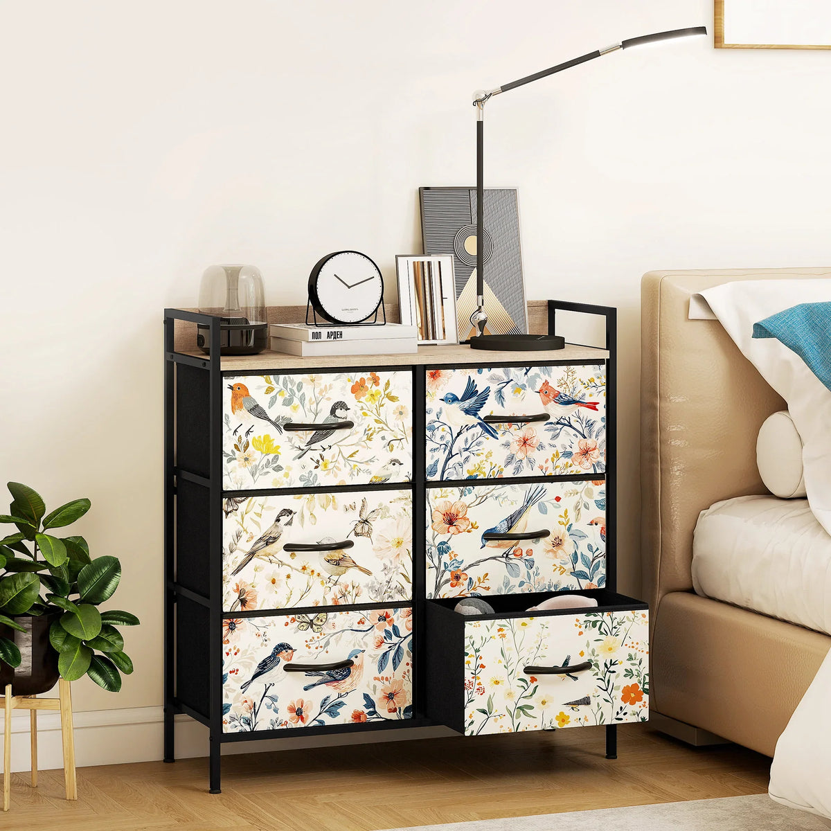 Fabric chest of drawers with floral bird-pattern drawers and black metal frame, 6 drawers